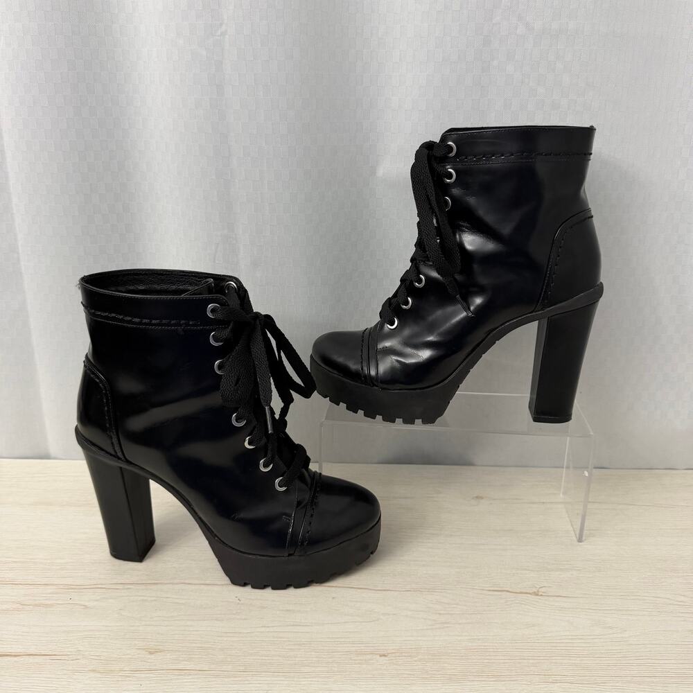 Schutz Black Leather Combat Boots Womens Size 8 B Heel Lace Up - Picture 11 of 13